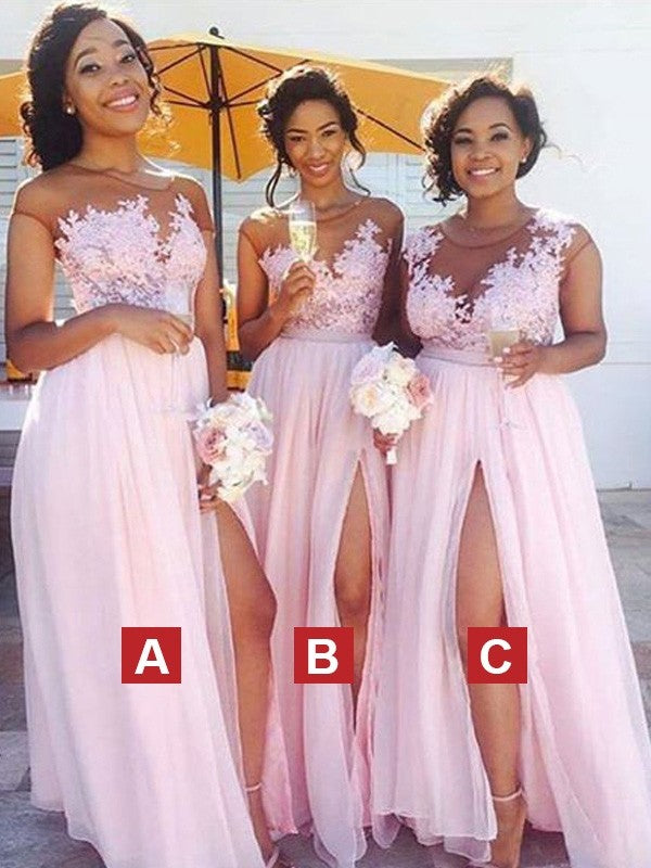 Wholesale A-Line/Princess Scoop Sleeveless Floor-Length Applique Chiffon Bridesmaid Dresses